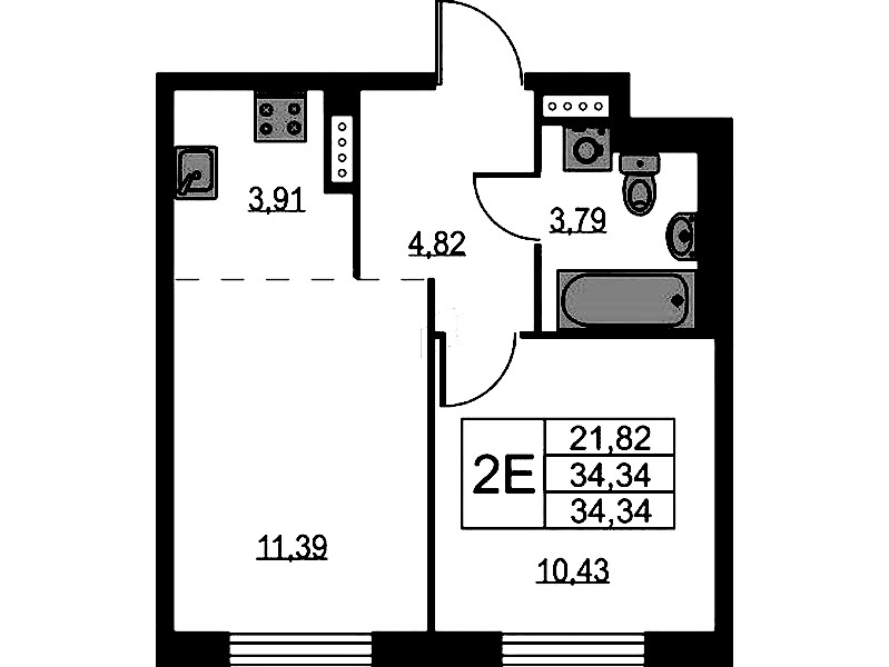 1-комнатная квартира 34.34 м², 8/9 эт., ЖК «Квартал Лаголово»